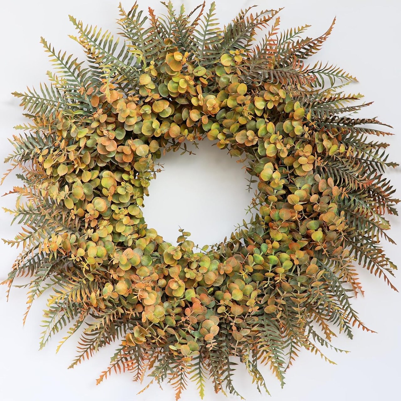 26” Fall Wreath for Front Door – Large Artificial Eucalyptus & Fern Leaves, Outdoor & Indoor Autumn Décor for Porch, Window, Farmhouse, Thanksgiving & Harvest Festival (Green-orange) 5"D x 26"W x 26"H